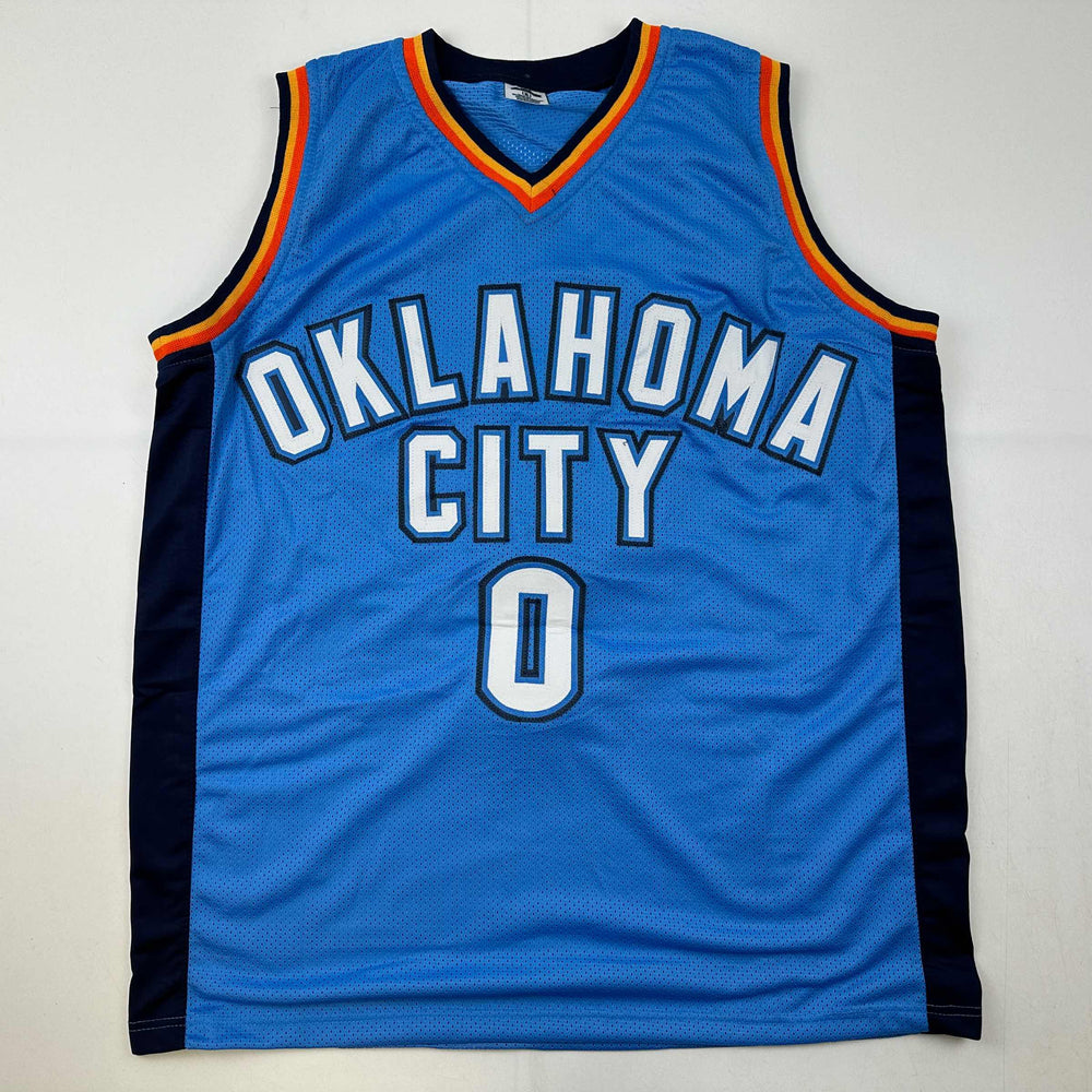 Facsimile Autographed Russell Westbrook Oklahoma City Blue Reprint Laser Auto Basketball Jersey Size Men's XL (ONLINE ORDER ONLY)