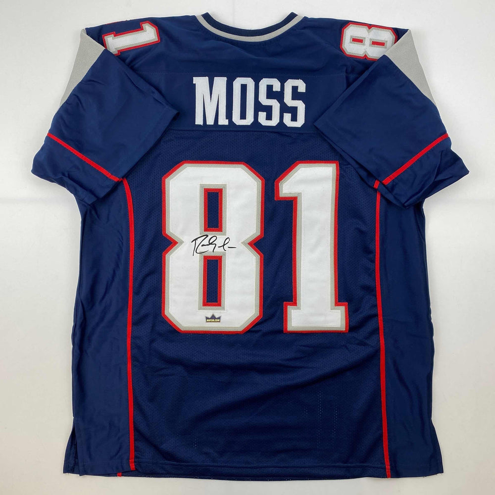 Facsimile Autographed Randy Moss New England Blue Reprint Laser Auto Football Jersey Size Men's XL (ONLINE ORDER ONLY)