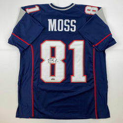 Facsimile Autographed Randy Moss New England Blue Reprint Laser Auto Football Jersey Size Men's XL (ONLINE ORDER ONLY)