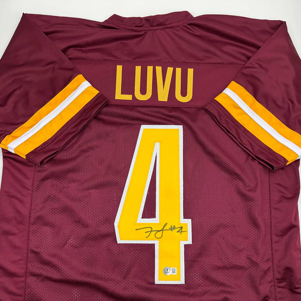 Autographed/Signed Frankie Luvu Washington Burgundy Football Jersey Beckett BAS COA