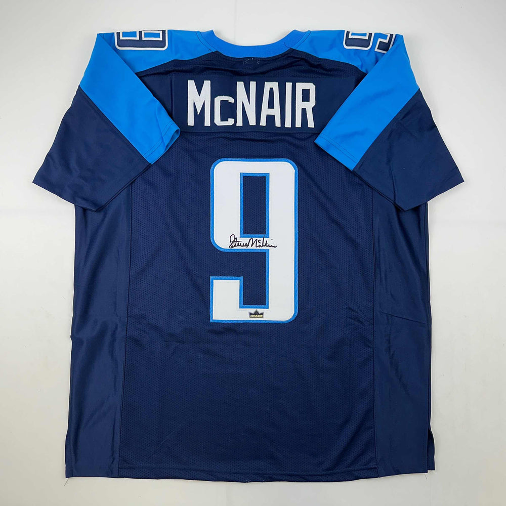 Facsimile Autographed Steve McNair Tennessee Navy Blue Reprint Laser Auto Football Jersey Size Men's XL (ONLINE ORDER ONLY)
