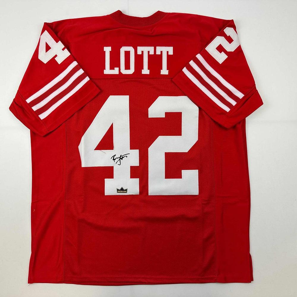 Facsimile Autographed Ronnie Lott San Francisco Red Reprint Laser Auto Football Jersey Size Men's XL (ONLINE ORDER ONLY)