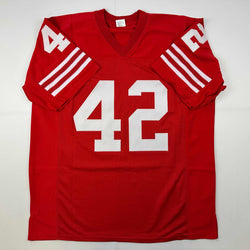 Facsimile Autographed Ronnie Lott San Francisco Red Reprint Laser Auto Football Jersey Size Men's XL (ONLINE ORDER ONLY)