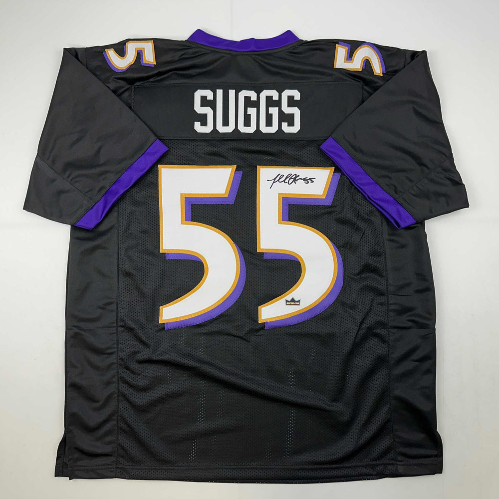 Facsimile Autographed Terrell Suggs Baltimore Black Reprint Laser Auto Football Jersey Size Men's XL (ONLINE ORDER ONLY)