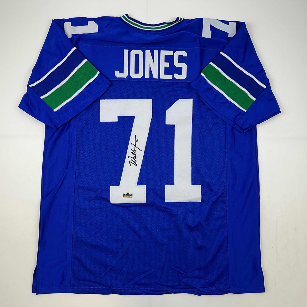 Facsimile Autographed Walter Jones Seattle Blue Reprint Laser Auto Football Jersey Size Men's XL (ONLINE ORDER ONLY)