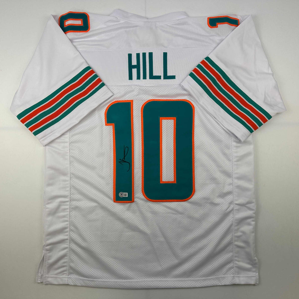 Autographed/Signed Tyreek Hill Miami White Football Jersey Beckett BAS COA (ONLINE ORDER ONLY)