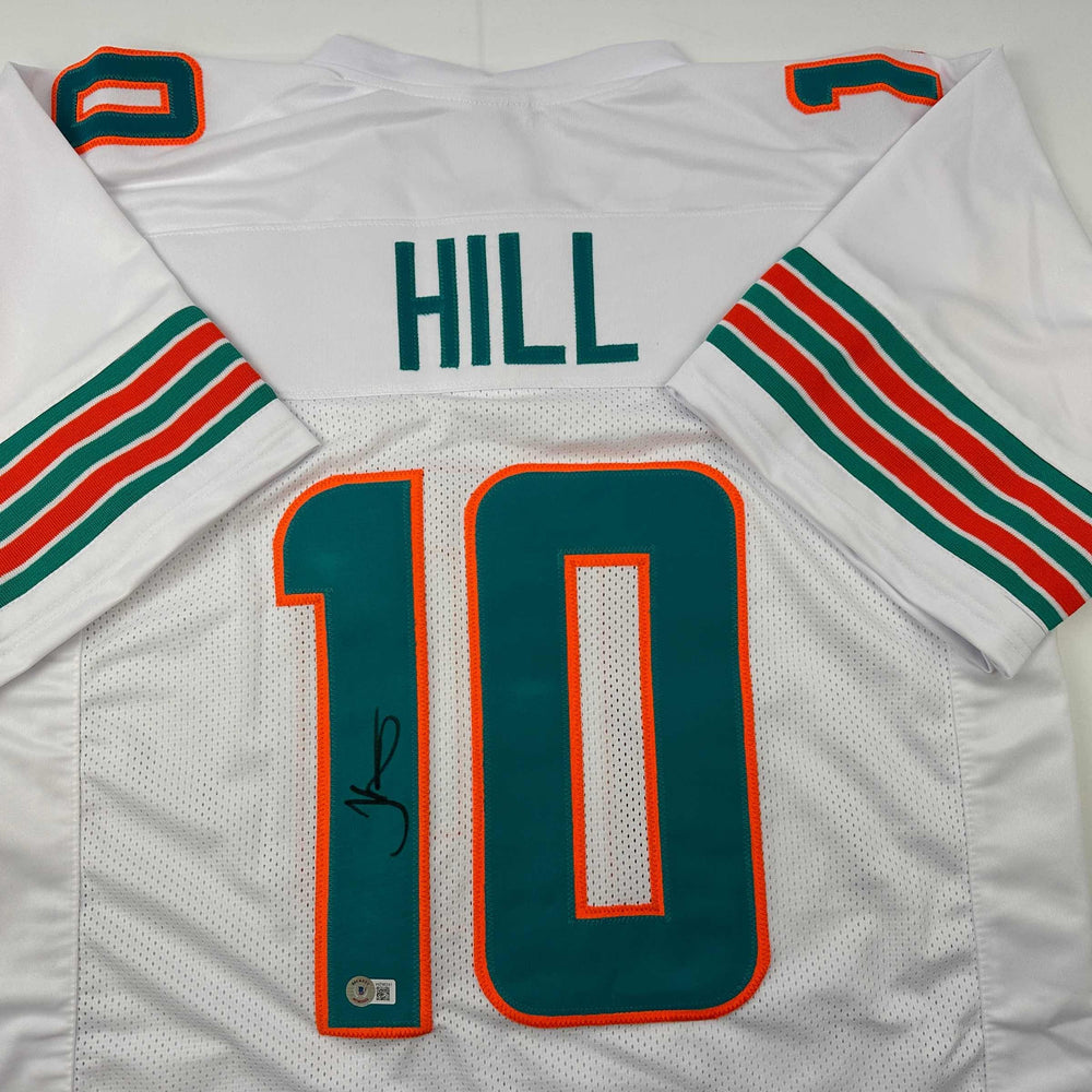 Autographed/Signed Tyreek Hill Miami White Football Jersey Beckett BAS COA (ONLINE ORDER ONLY)