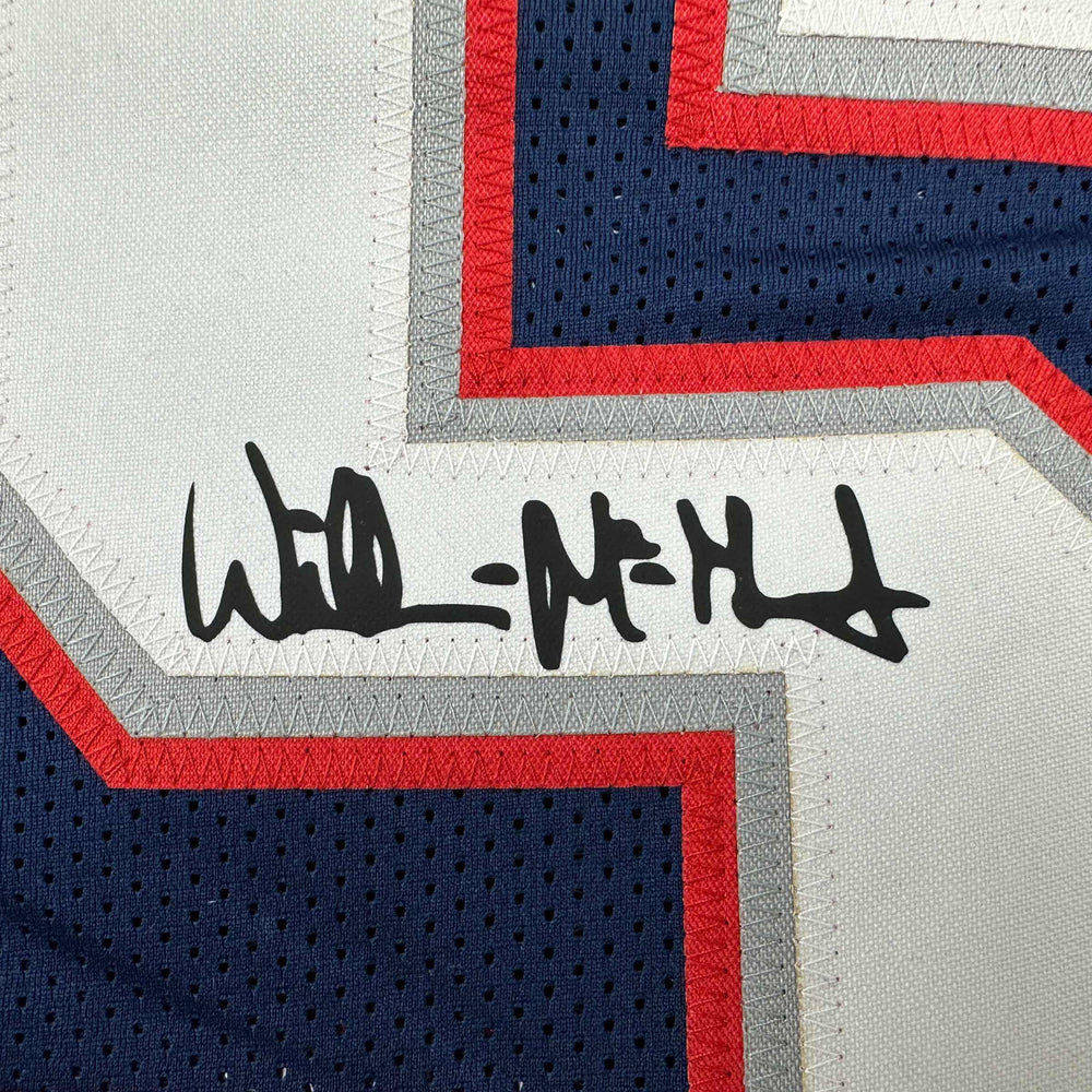 Facsimile Autographed Willie McGinest New England Blue Reprint Laser Auto Football Jersey Size Men's XL (ONLINE ORDER ONLY)