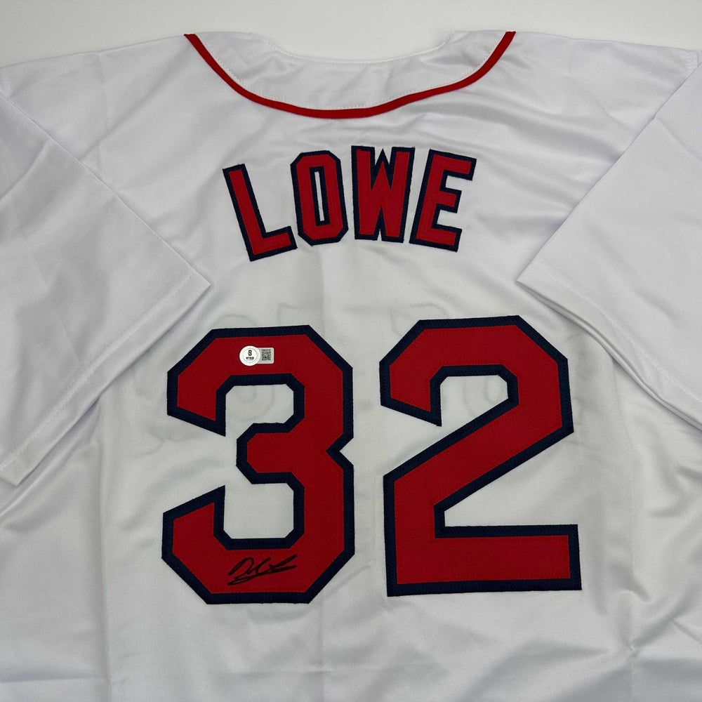 Autographed/Signed Derek Lowe Boston White Baseball Jersey Beckett BAS COA