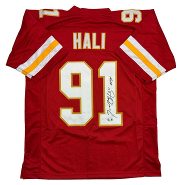 Autographed/Signed Tamba Hali Kansas City Red Football Jersey Beckett BAS COA (ONLINE ORDER ONLY)