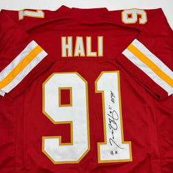 Autographed/Signed Tamba Hali Kansas City Red Football Jersey Beckett BAS COA (ONLINE ORDER ONLY)