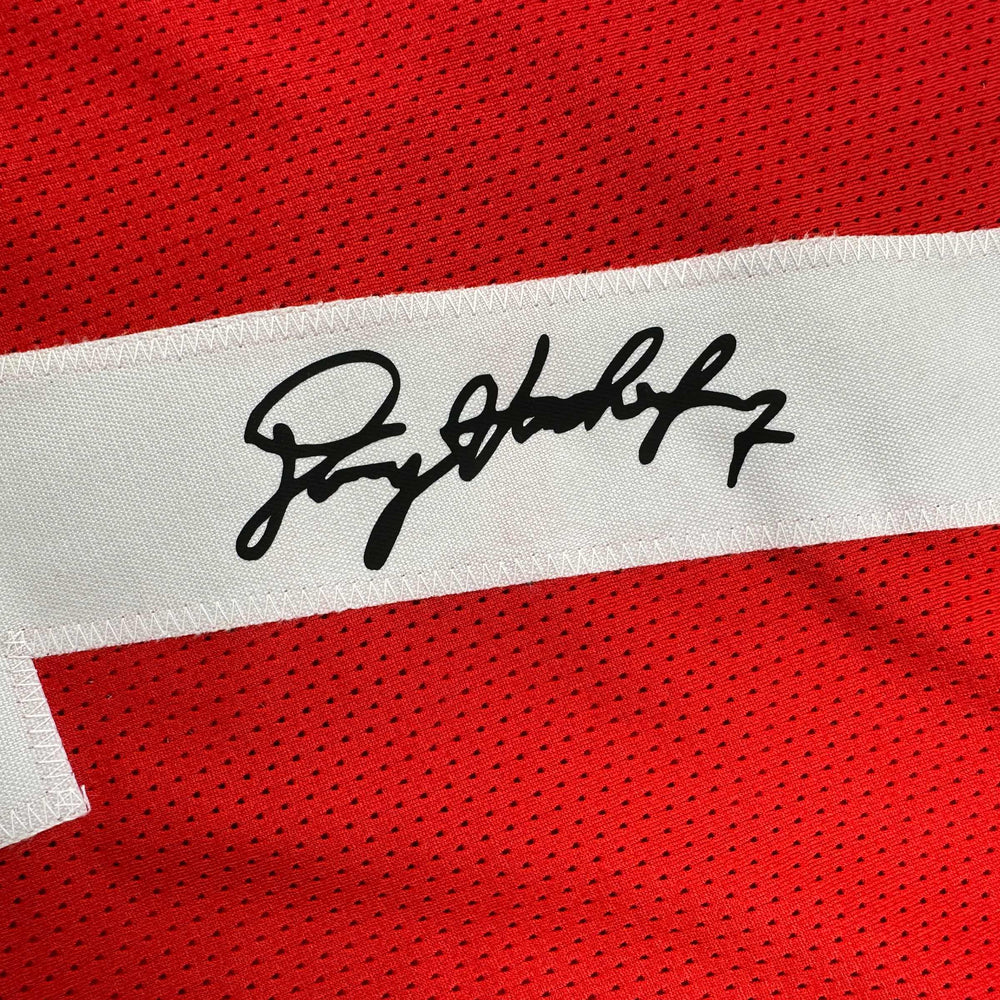 Framed Facsimile Autographed Dwayne Haskins Jr. 35x39 Ohio State Red Reprint Laser Auto College Football Jersey (ONLINE ORDER ONLY)