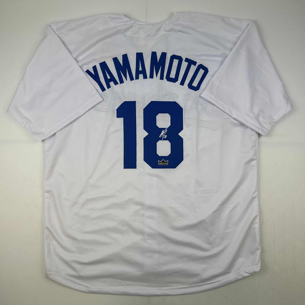 Facsimile Autographed Yoshinobu Yamamoto Los Angeles LA White Reprint Laser Auto Baseball Jersey Size Men's XL (ONLINE ORDER ONLY)