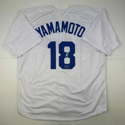 Facsimile Autographed Yoshinobu Yamamoto Los Angeles LA White Reprint Laser Auto Baseball Jersey Size Men's XL (ONLINE ORDER ONLY)