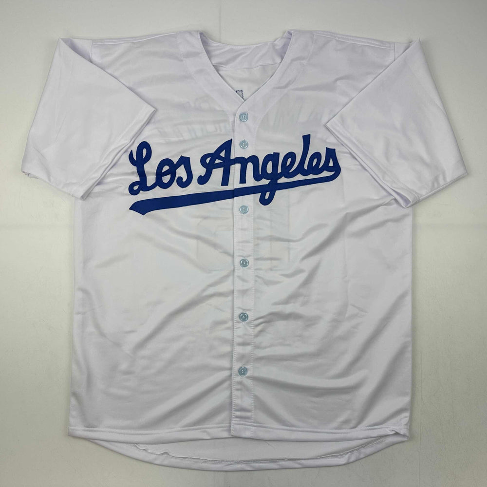 Facsimile Autographed Yoshinobu Yamamoto Los Angeles LA White Reprint Laser Auto Baseball Jersey Size Men's XL (ONLINE ORDER ONLY)