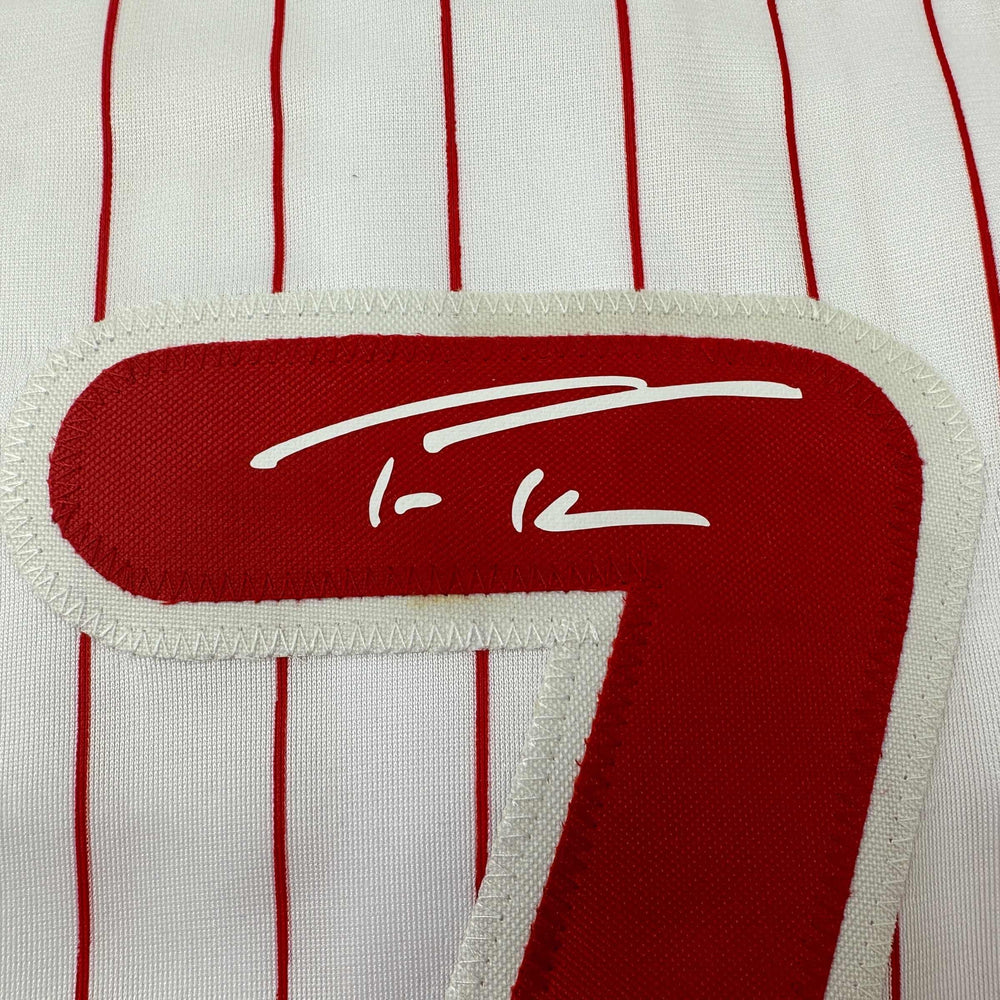 Facsimile Autographed Trea Turner Philadelphia Pinstripe Reprint Laser Auto Baseball Jersey Size Men's XL (ONLINE ORDER ONLY)