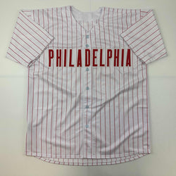 Facsimile Autographed Trea Turner Philadelphia Pinstripe Reprint Laser Auto Baseball Jersey Size Men's XL (ONLINE ORDER ONLY)