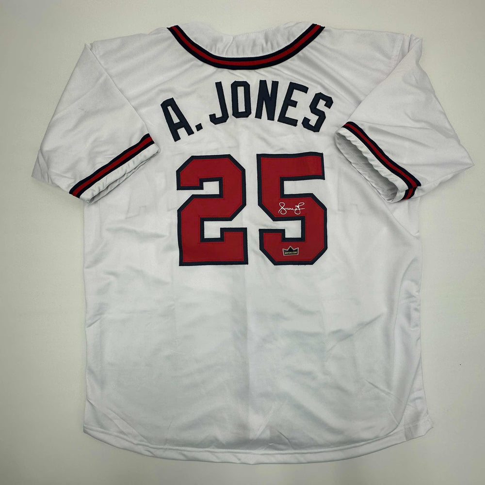 Facsimile Autographed Andruw Jones Atlanta White Reprint Laser Auto Baseball Jersey Size Men's XL (ONLINE ORDER ONLY)