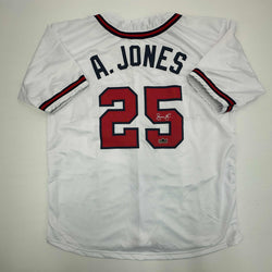Facsimile Autographed Andruw Jones Atlanta White Reprint Laser Auto Baseball Jersey Size Men's XL (ONLINE ORDER ONLY)