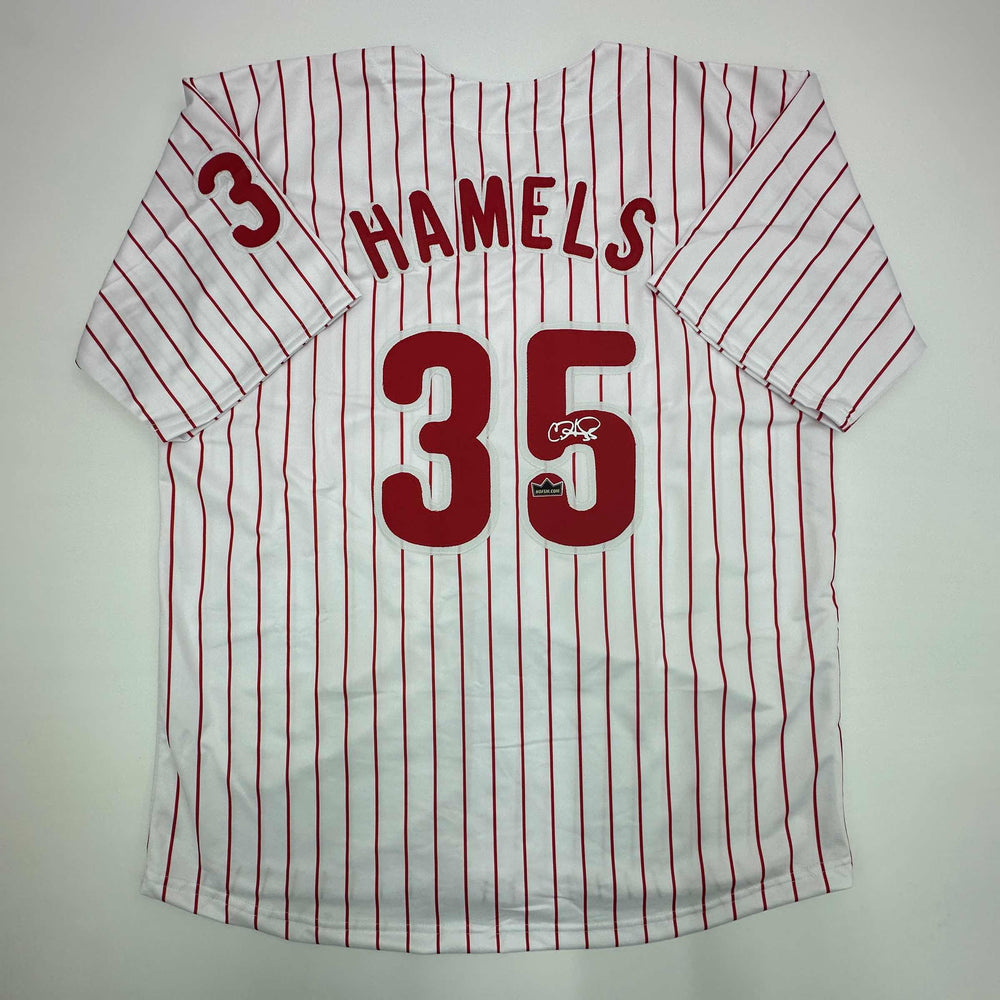 Facsimile Autographed Cole Hamels Philadelphia Pinstripe Reprint Laser Auto Baseball Jersey Size Men's XL (ONLINE ORDER ONLY)