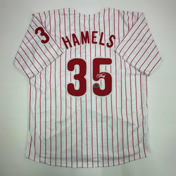 Facsimile Autographed Cole Hamels Philadelphia Pinstripe Reprint Laser Auto Baseball Jersey Size Men's XL (ONLINE ORDER ONLY)