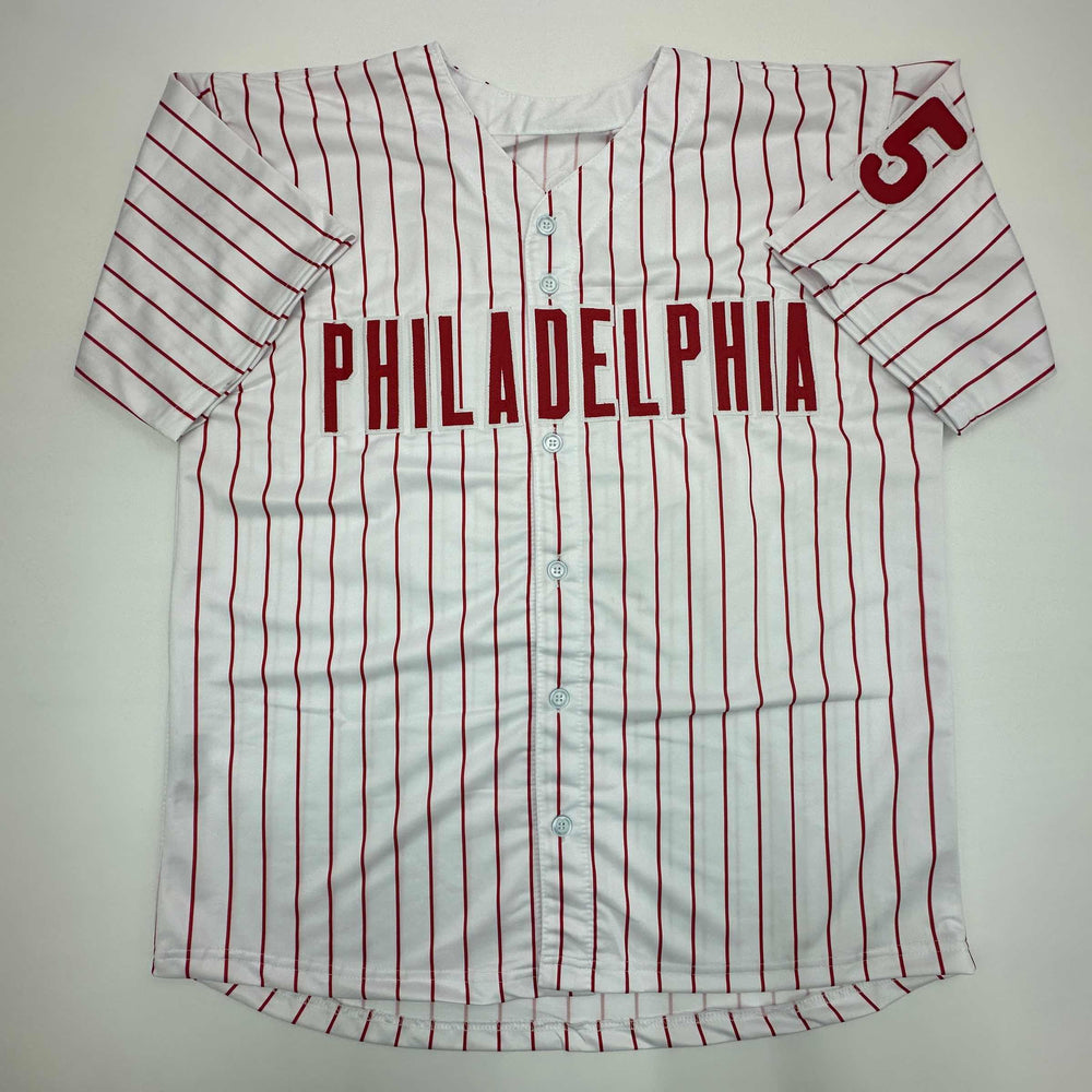 Facsimile Autographed Cole Hamels Philadelphia Pinstripe Reprint Laser Auto Baseball Jersey Size Men's XL (ONLINE ORDER ONLY)