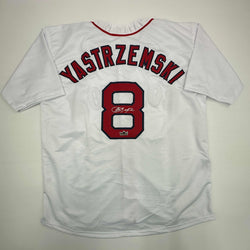 Facsimile Autographed Carl Yastrzemski Boston White Reprint Laser Auto Baseball Jersey Size Men's XL (ONLINE ORDER ONLY)
