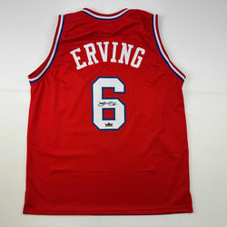 Facsimile Autographed Julius Dr. J Erving Philadelphia Red Reprint Laser Auto Basketball Jersey Size Men's XL (ONLINE ORDER ONLY)