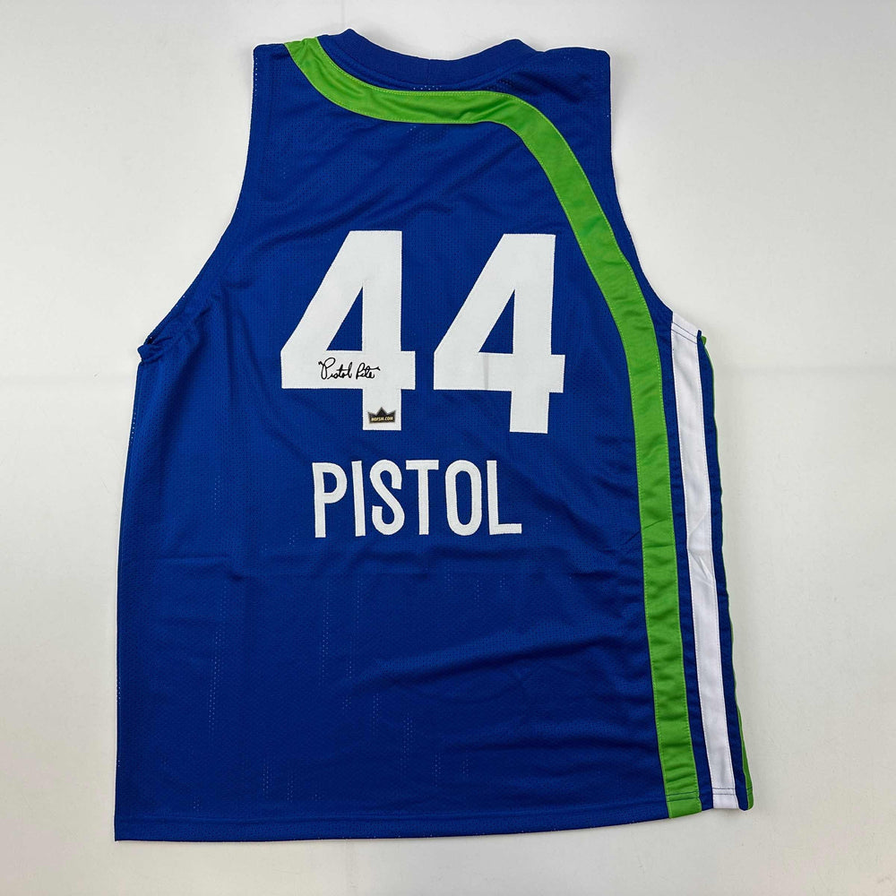 Facsimile Autographed Pistol Pete Maravich Atlanta Blue Reprint Laser Auto Basketball Jersey Size Men's XL (ONLINE ORDER ONLY)