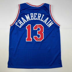Facsimile Autographed Wilt Chamberlain Philadelphia Blue Reprint Laser Auto Basketball Jersey Size Men's XL (ONLINE ORDER ONLY)