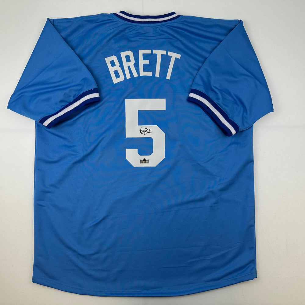 Facsimile Autographed George Brett Kansas City Blue Reprint Laser Auto Baseball Jersey Size Men's XL (ONLINE ORDER ONLY)