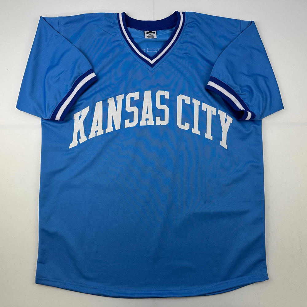 Facsimile Autographed George Brett Kansas City Blue Reprint Laser Auto Baseball Jersey Size Men's XL (ONLINE ORDER ONLY)