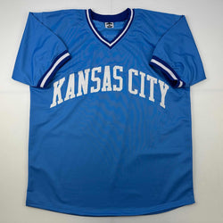 Facsimile Autographed George Brett Kansas City Blue Reprint Laser Auto Baseball Jersey Size Men's XL (ONLINE ORDER ONLY)