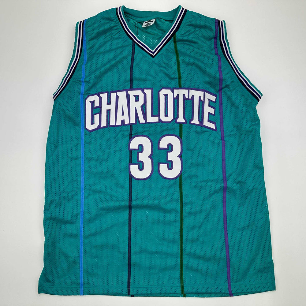 Facsimile Autographed Alonzo Mourning Charlotte Teal Reprint Laser Auto Basketball Jersey Size Men's XL (ONLINE ORDER ONLY)