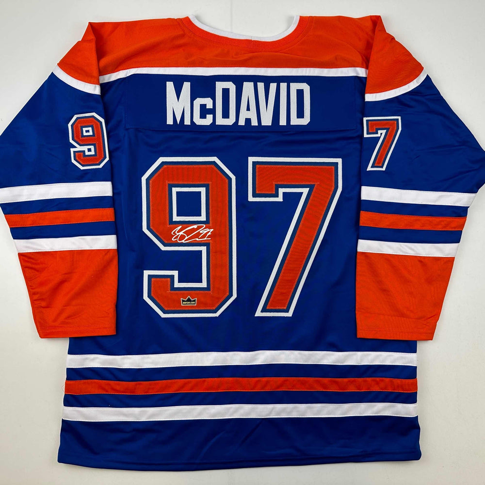 Facsimile Autographed Connor McDavid Edmonton Blue Reprint Laser Auto Hockey Jersey Size Men's XL (ONLINE ORDER ONLY)