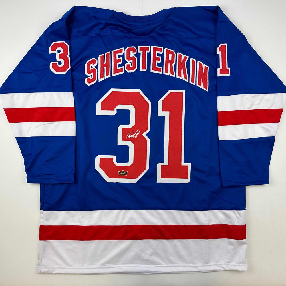 Facsimile Autographed Igor Shesterkin New York Blue Reprint Laser Auto Hockey Jersey Size Men's XL (ONLINE ORDER ONLY)