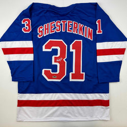 Facsimile Autographed Igor Shesterkin New York Blue Reprint Laser Auto Hockey Jersey Size Men's XL (ONLINE ORDER ONLY)