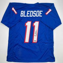 Facsimile Autographed Drew Bledsoe New England Blue Reprint Laser Auto Football Jersey Size Men's XL (ONLINE ORDER ONLY)