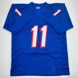 Facsimile Autographed Drew Bledsoe New England Blue Reprint Laser Auto Football Jersey Size Men's XL (ONLINE ORDER ONLY)