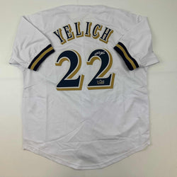 Facsimile Autographed Christian Yelich Milwaukee White Reprint Laser Auto Baseball Jersey Size Men's XL (ONLINE ORDER ONLY)