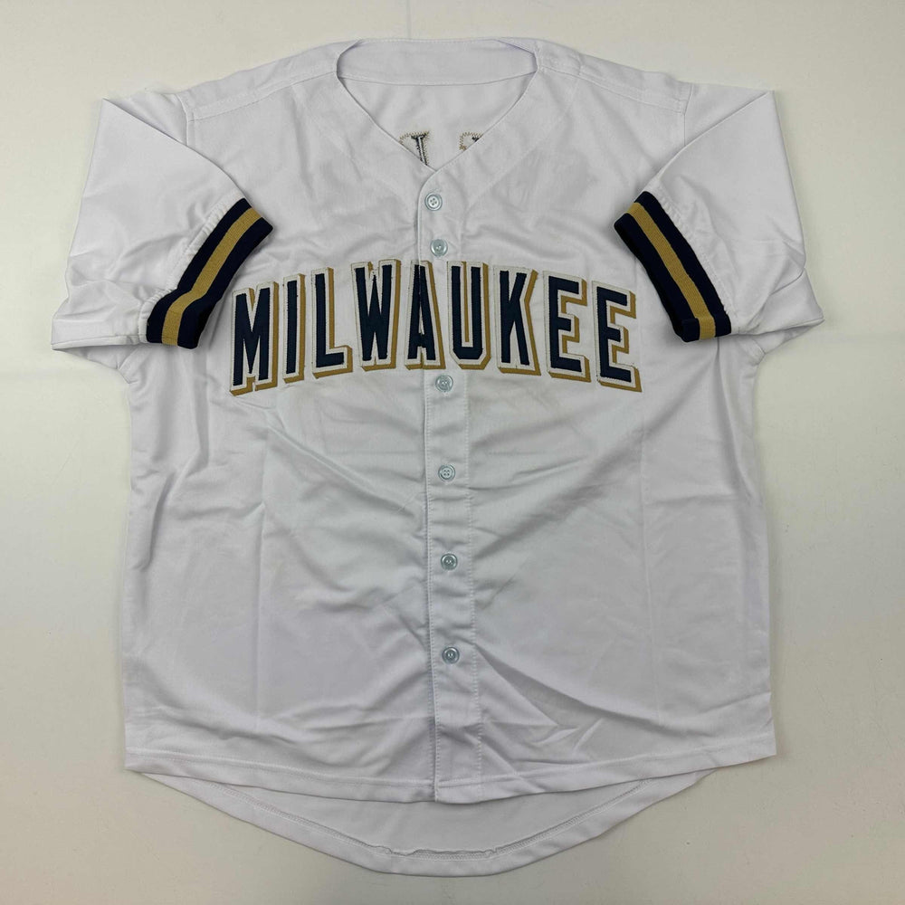 Facsimile Autographed Christian Yelich Milwaukee White Reprint Laser Auto Baseball Jersey Size Men's XL (ONLINE ORDER ONLY)