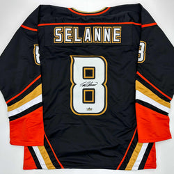Facsimile Autographed Teemu Selanne Anaheim Black Reprint Laser Auto Hockey Jersey Size Men's XL (ONLINE ORDER ONLY)