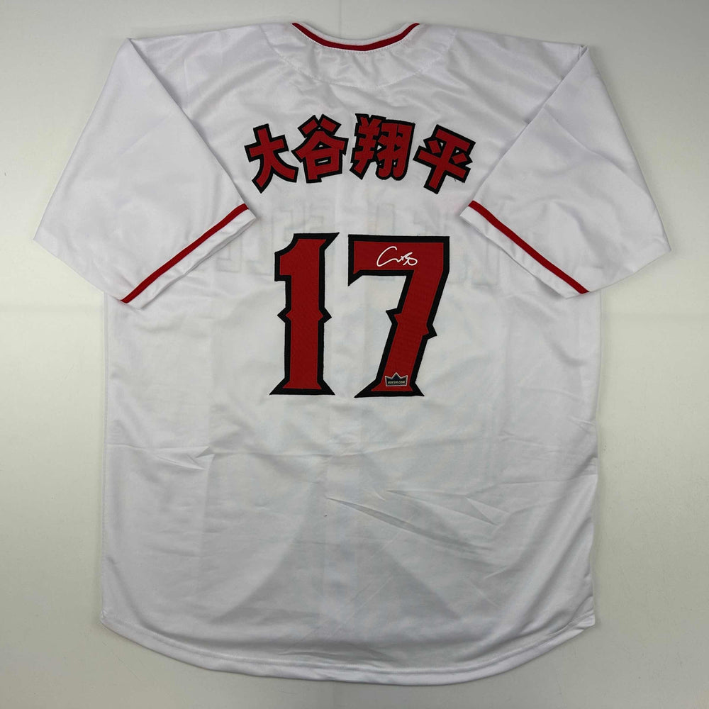 Facsimile Autographed Shohei Ohtani Kanji Los Angeles LA Anaheim White Reprint Laser Auto Baseball Jersey Size Men's XL (ONLINE ORDER ONLY)