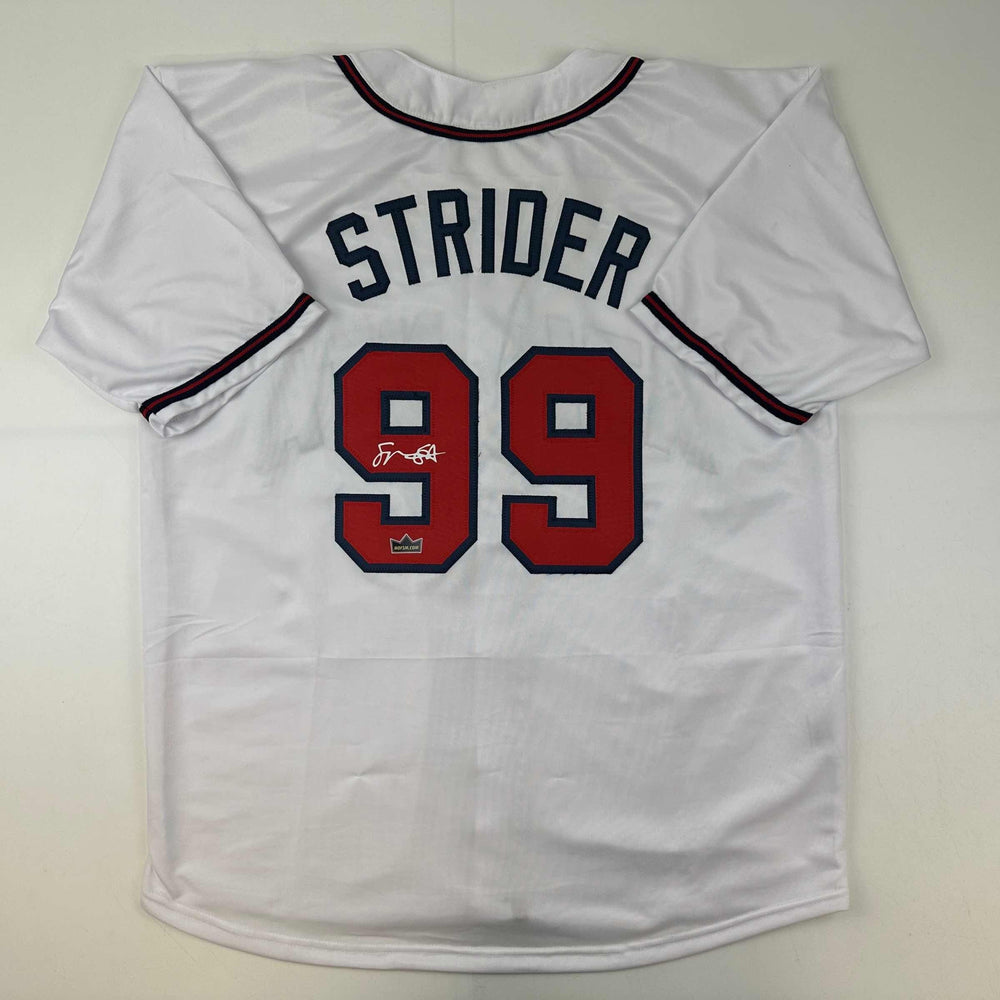 Facsimile Autographed Spencer Strider Atlanta White Reprint Laser Auto Baseball Jersey Size Men's XL (ONLINE ORDER ONLY)