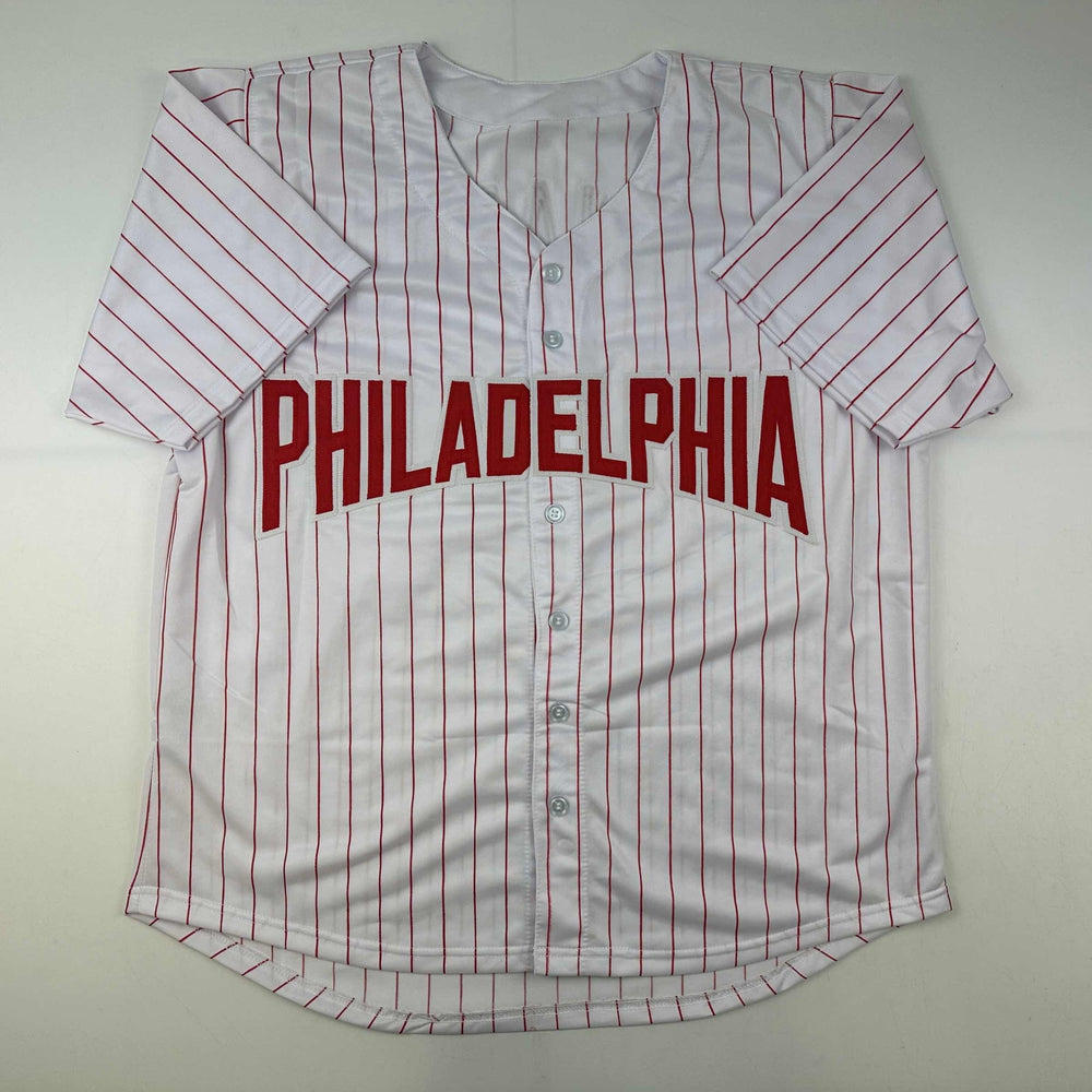 Facsimile Autographed Kyle Schwarber Philadelphia Pinstripe Reprint Laser Auto Baseball Jersey Size Men's XL (ONLINE ORDER ONLY)