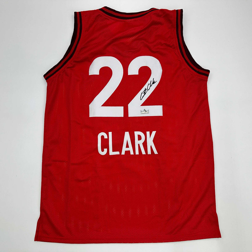 Facsimile Autographed Caitlin Clark Indiana Red Reprint Laser Auto Basketball Jersey Size Men's XL (ONLINE ORDER ONLY)