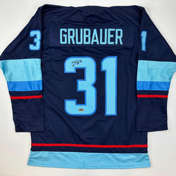 Facsimile Autographed Philipp Grubauer Seattle Blue Reprint Laser Auto Hockey Jersey Size Men's XL (ONLINE ORDER ONLY)
