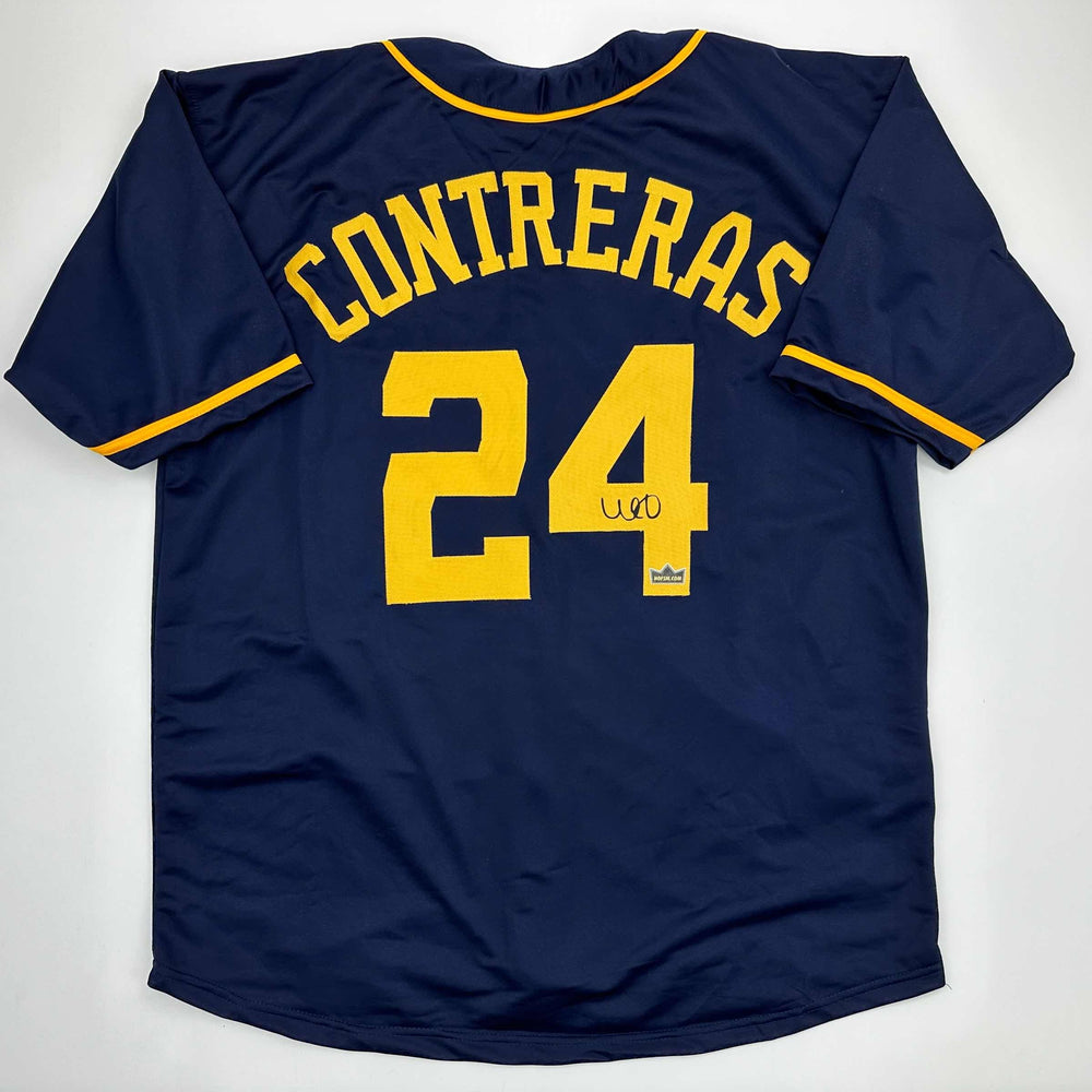 Facsimile Autographed William Contreras Milwaukee Blue Reprint Laser Auto Baseball Jersey Size Men's XL (ONLINE ORDER ONLY)