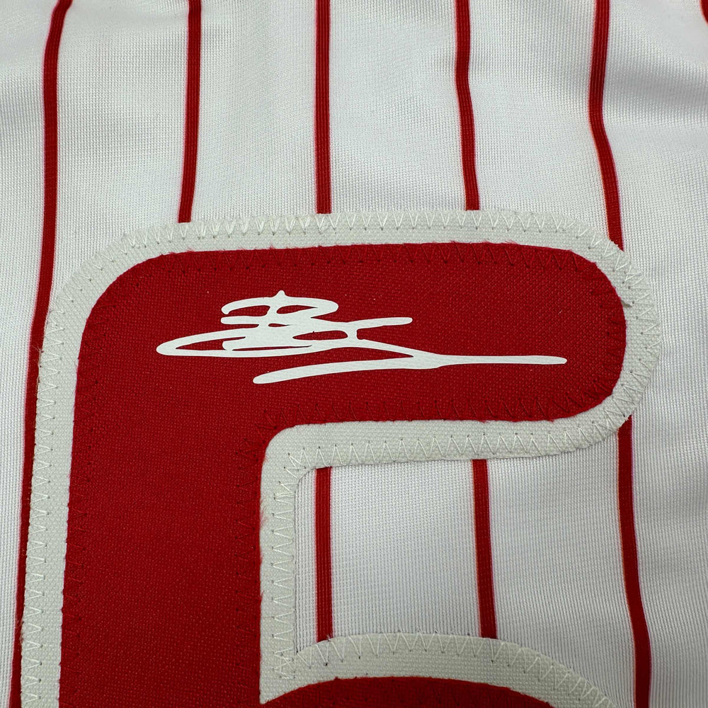 Framed Facsimile Autographed Bryson Stott 35x39 Philadelphia Pinstripe Reprint Laser Auto Baseball Jersey (ONLINE ORDER ONLY)