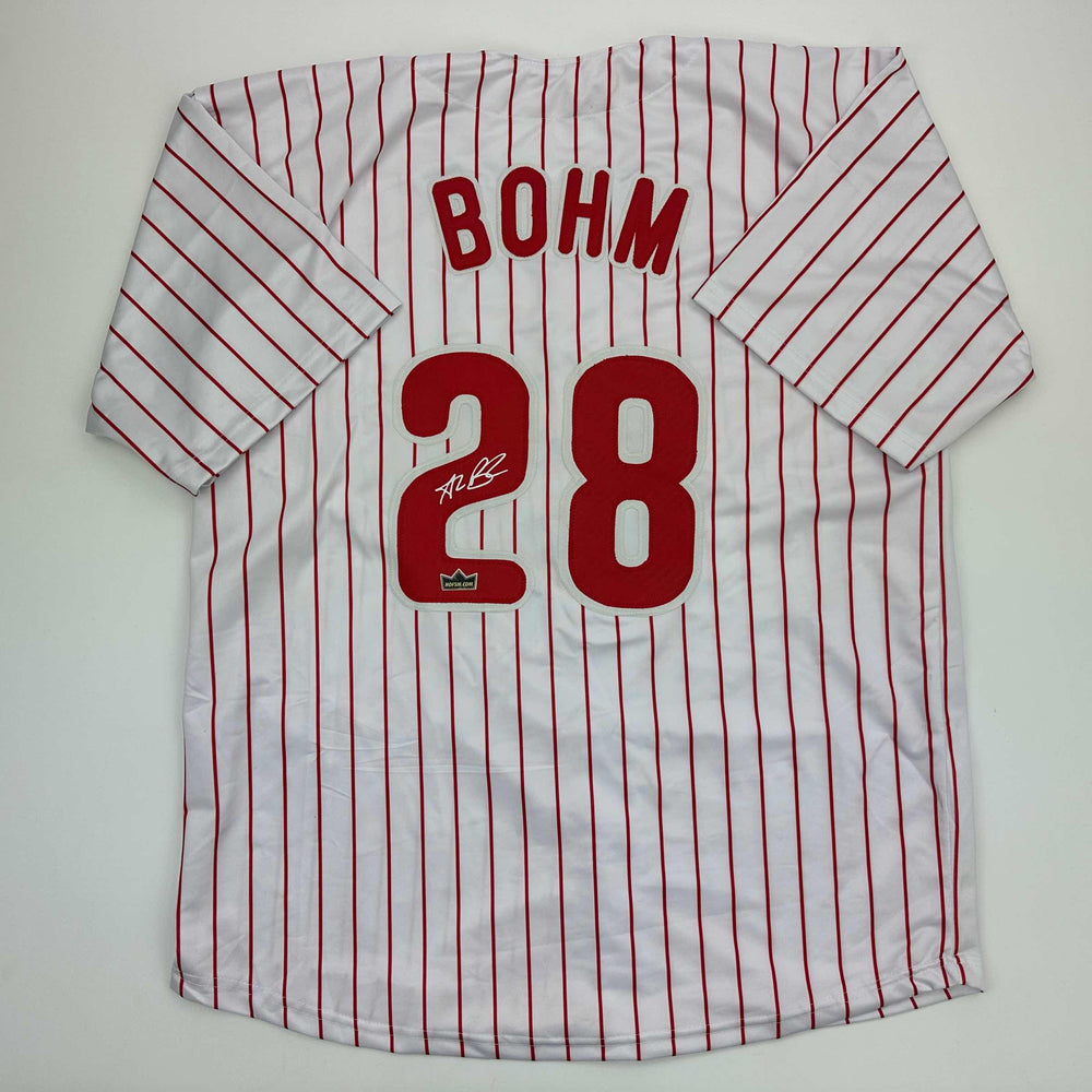 Facsimile Autographed Alec Bohm Philadelphia Pinstripe Reprint Laser Auto Baseball Jersey Size Men's XL (ONLINE ORDER ONLY)